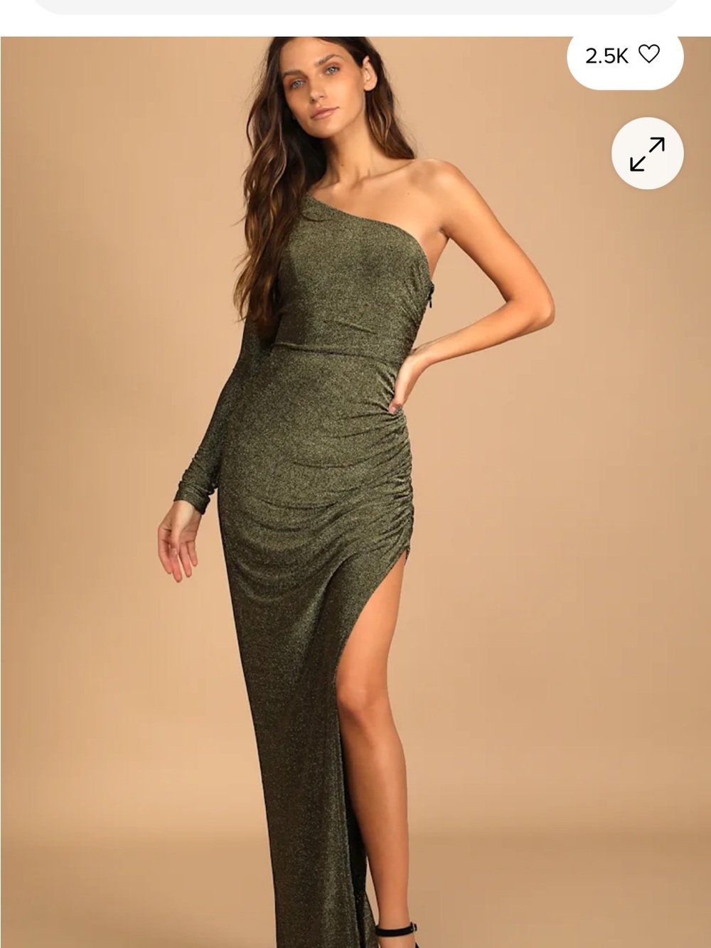 Lulu's One-Shoulder Olive Green Metallic Evening Dress